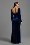 Navy Velvet Square Neck Sheath Long Sleeves Formal Dress