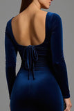 Navy Velvet Square Neck Sheath Long Sleeves Formal Dress