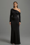 Black One Shoulder Satin Long Formal Dress with Sleeves