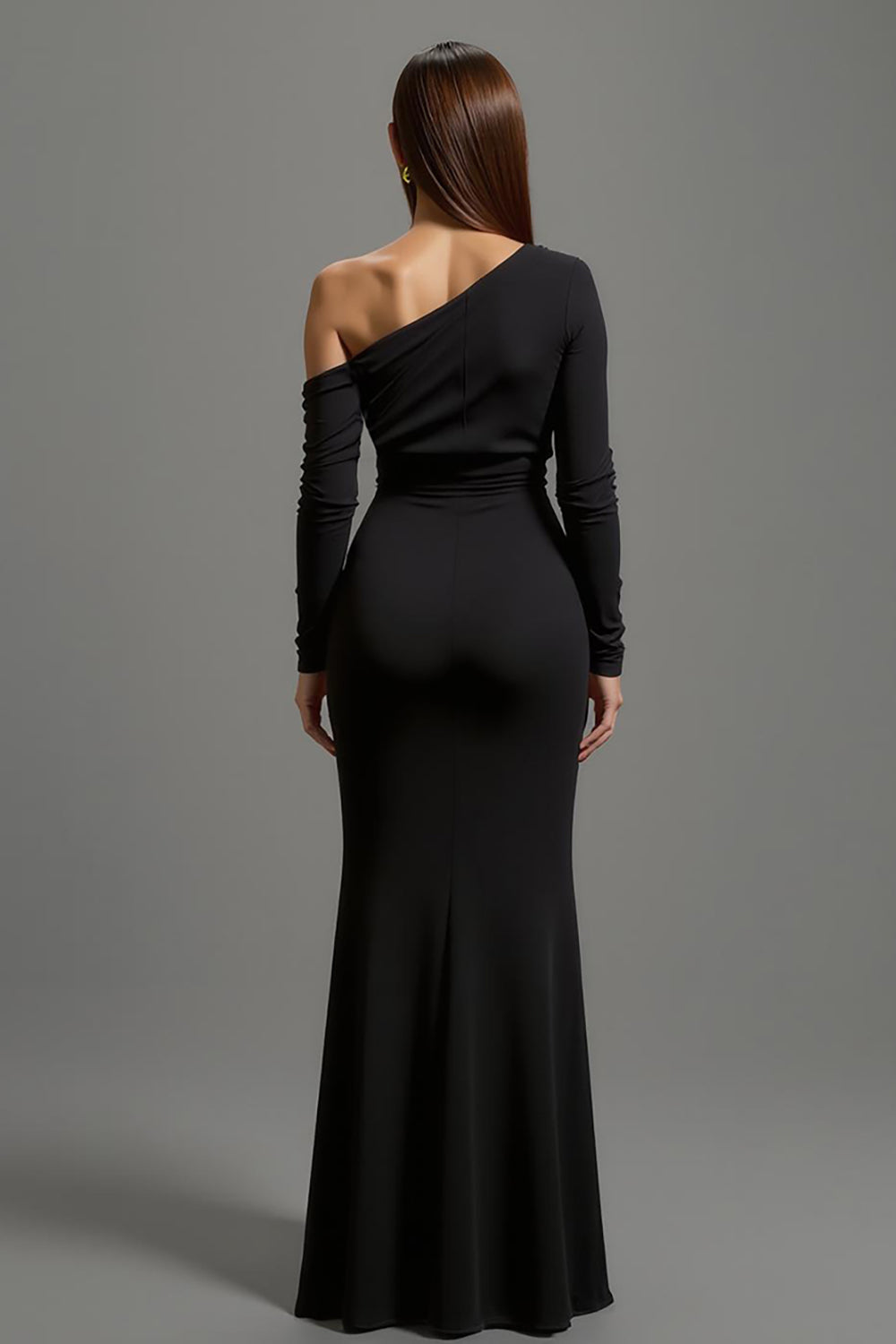 Black One Shoulder Satin Long Formal Dress with Sleeves