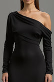Black One Shoulder Satin Long Formal Dress with Sleeves
