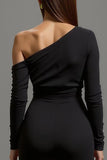 Black One Shoulder Satin Long Formal Dress with Sleeves