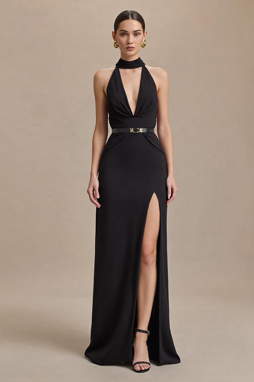 Black Halter Satin Neck Long Formal Dress with Slit