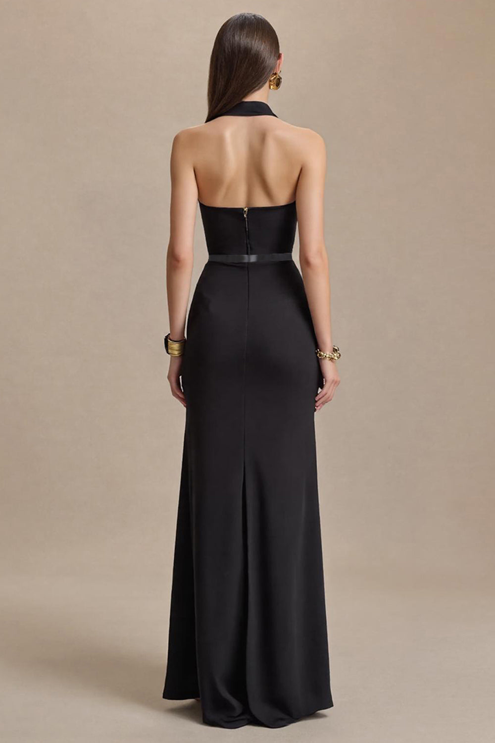 Black Halter Satin Neck Long Formal Dress with Slit