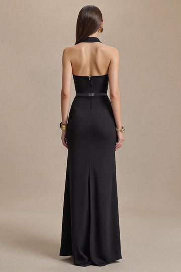 Black Halter Satin Neck Long Formal Dress with Slit