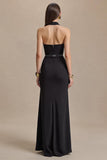 Black Halter Satin Neck Long Formal Dress with Slit