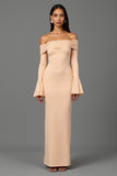 Apricot Ruffled Off the Shoulder Ruched Long Formal Dress