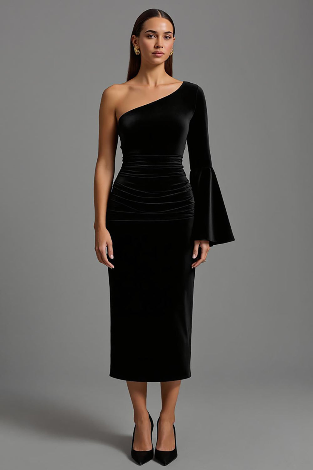 Black One Shoulder Flare Sleeves Velvet Long Formal Dress