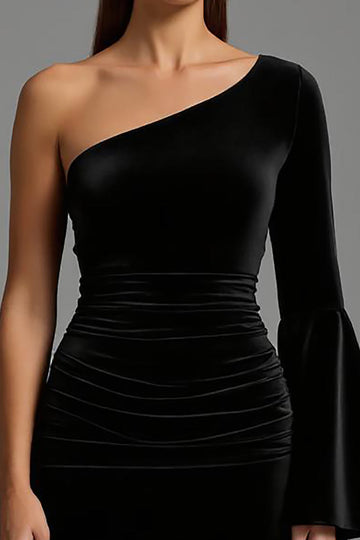 Black One Shoulder Flare Sleeves Velvet Long Formal Dress