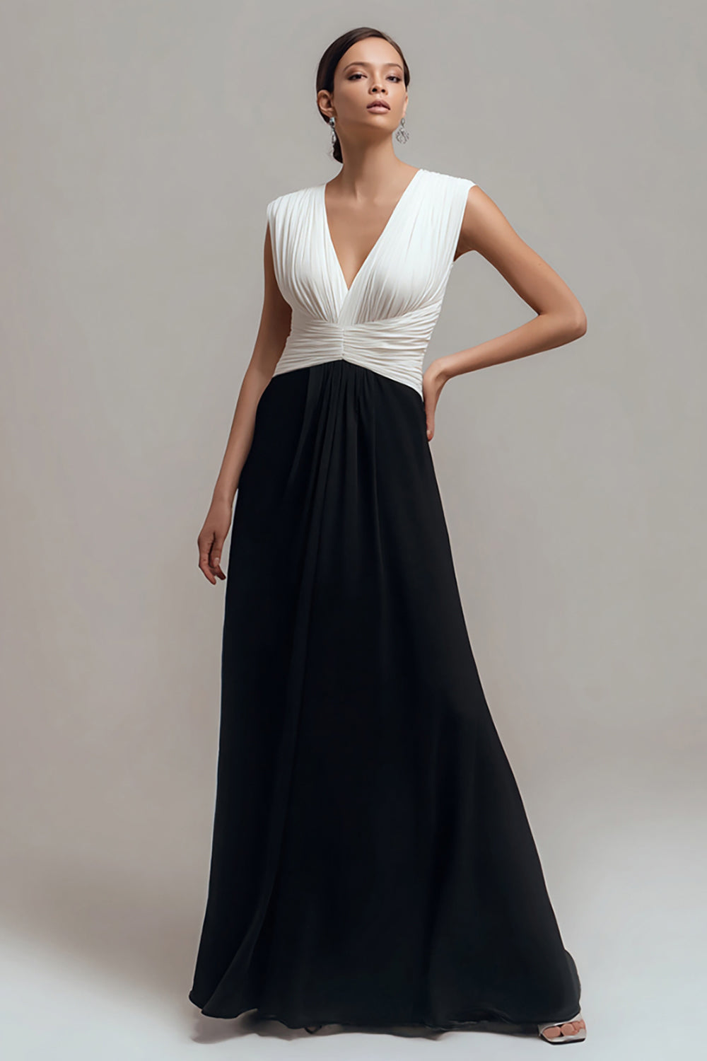 Black White V Neck Pleated A Line Long Formal Dress