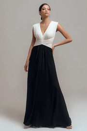 Black White V Neck Pleated A Line Long Formal Dress