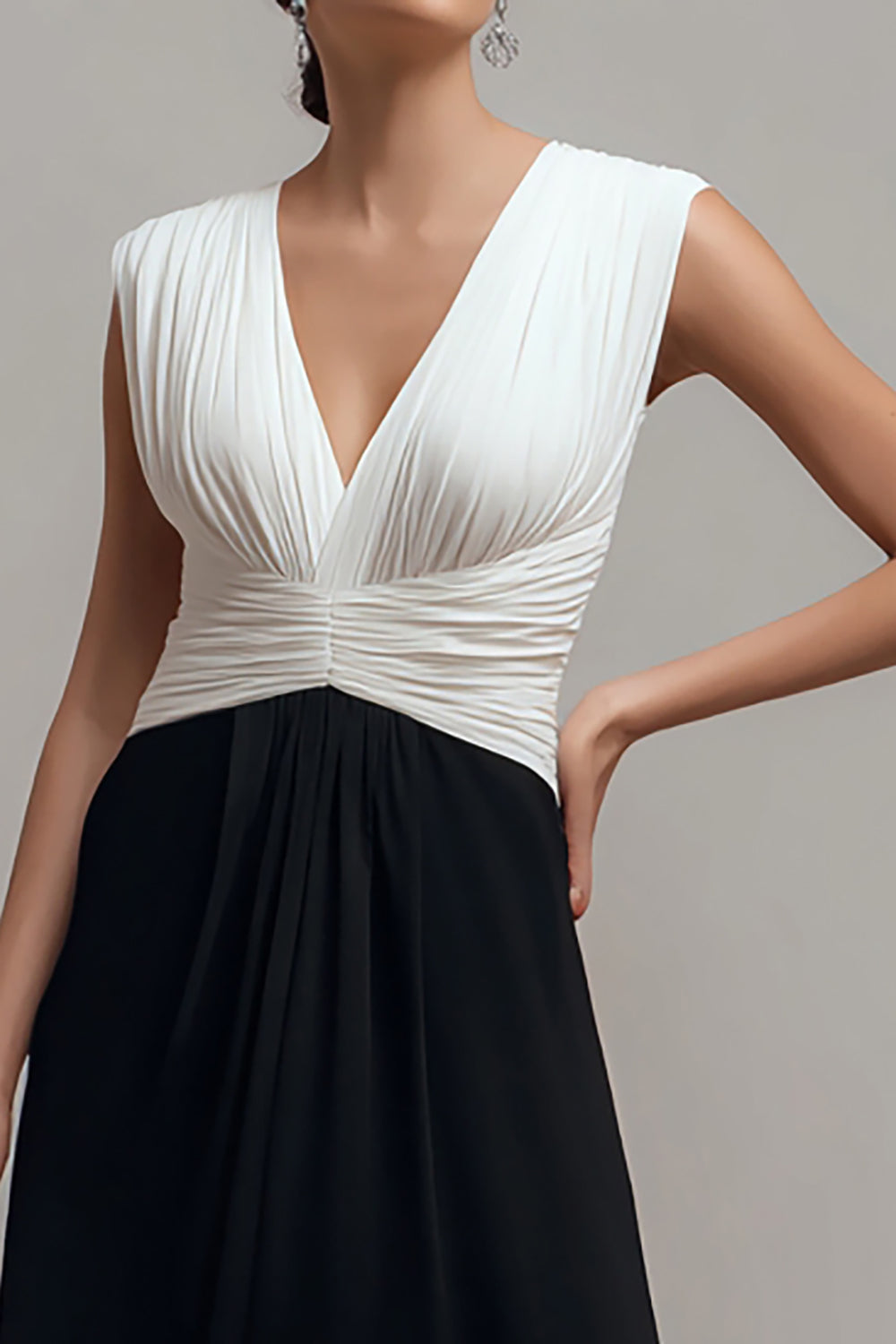 Black White V Neck Pleated A Line Long Formal Dress