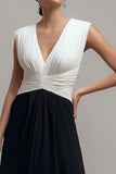 Black White V Neck Pleated A Line Long Formal Dress