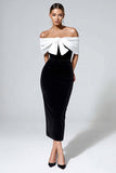 Black White Off The Shoulder Mermaid Long Formal Dress with Bow
