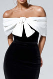 Black White Off The Shoulder Mermaid Long Formal Dress with Bow