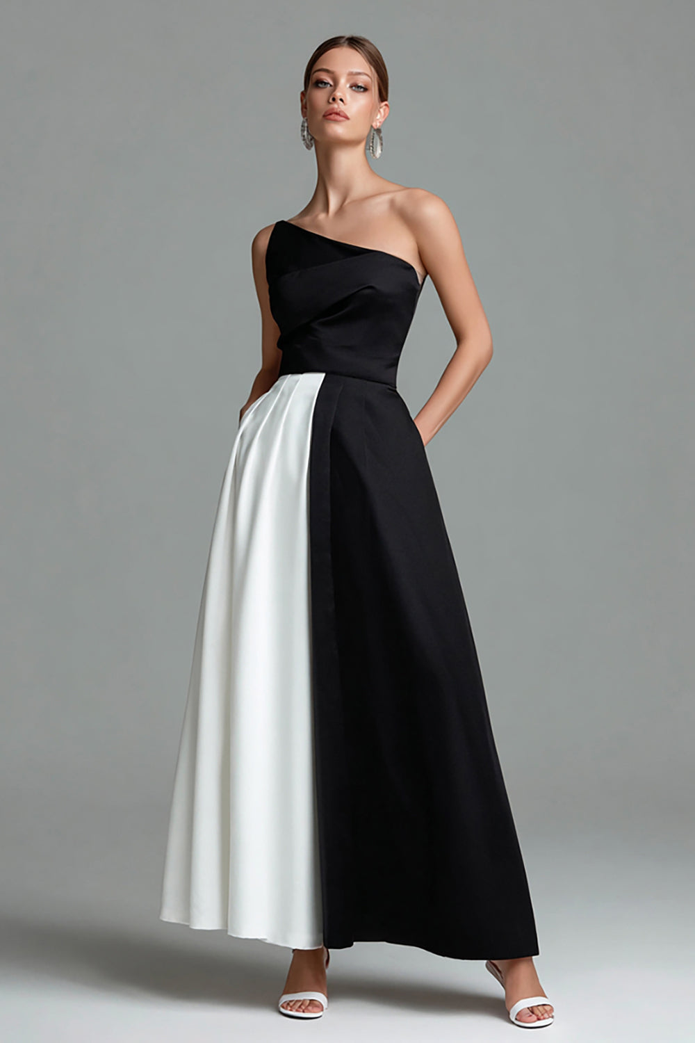 Black White One Shoulder Satin A Line Long Formal Dress