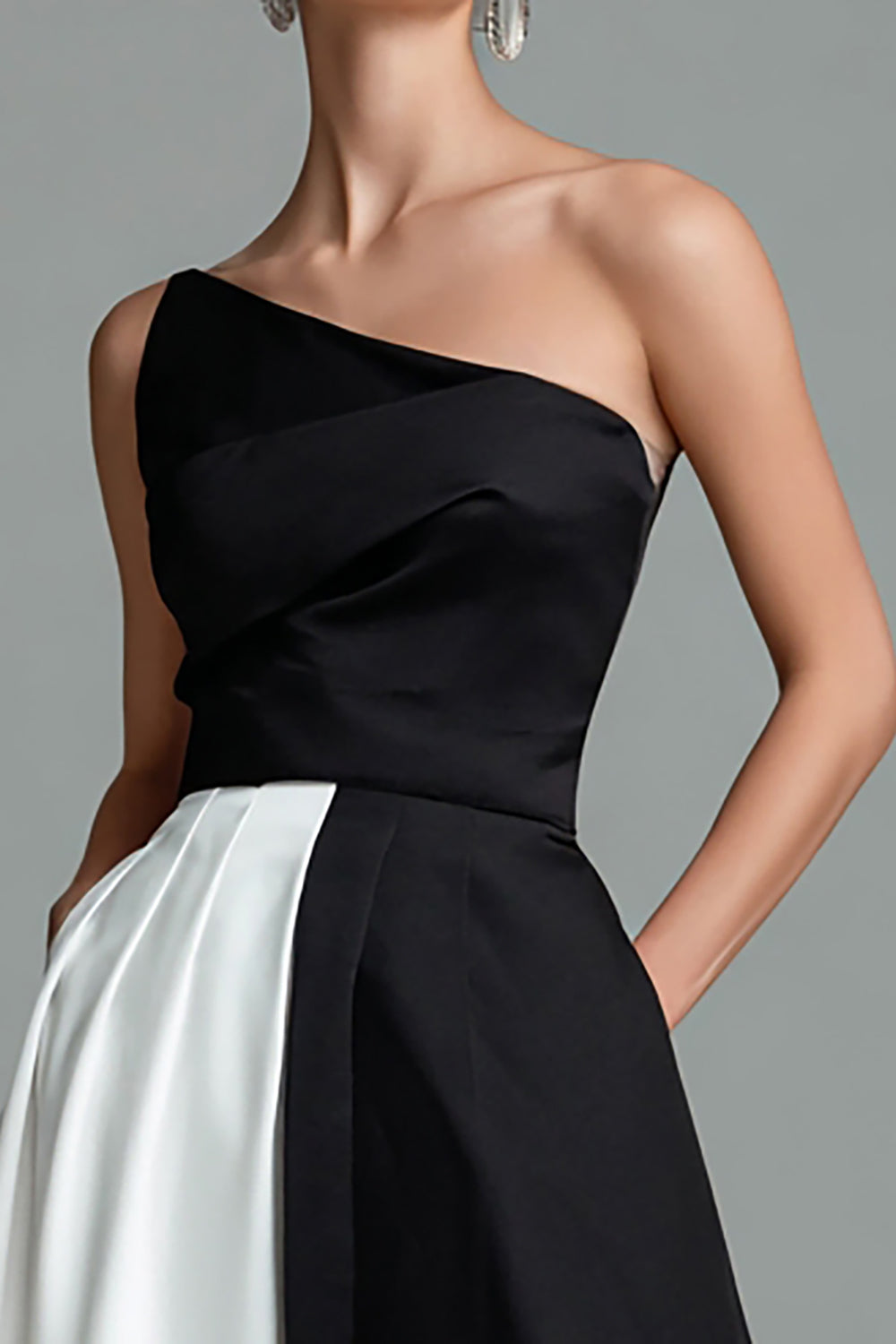 Black White One Shoulder Satin A Line Long Formal Dress