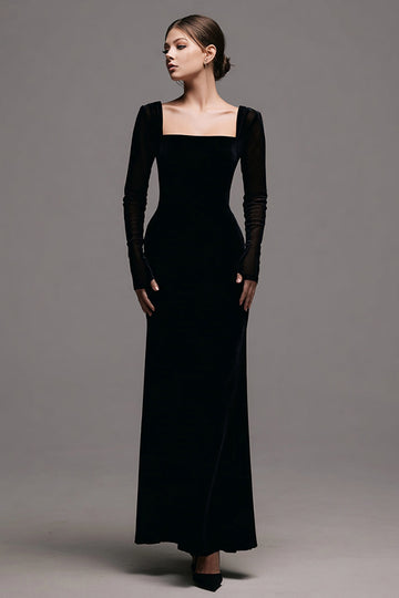 Black Velvet Square Neck Sheath Long Formal Dress with Sleeves