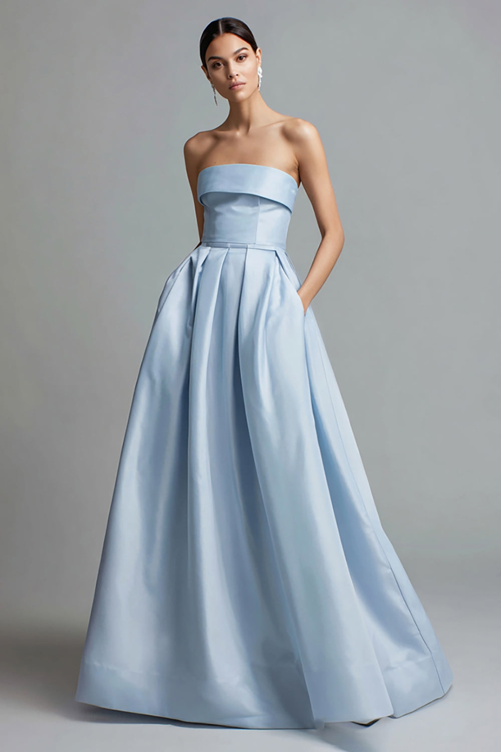 Sky Blue Strapless A Line Satin Long Formal Dress with Pockets