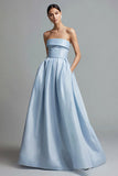 Sky Blue Strapless A Line Satin Long Formal Dress with Pockets