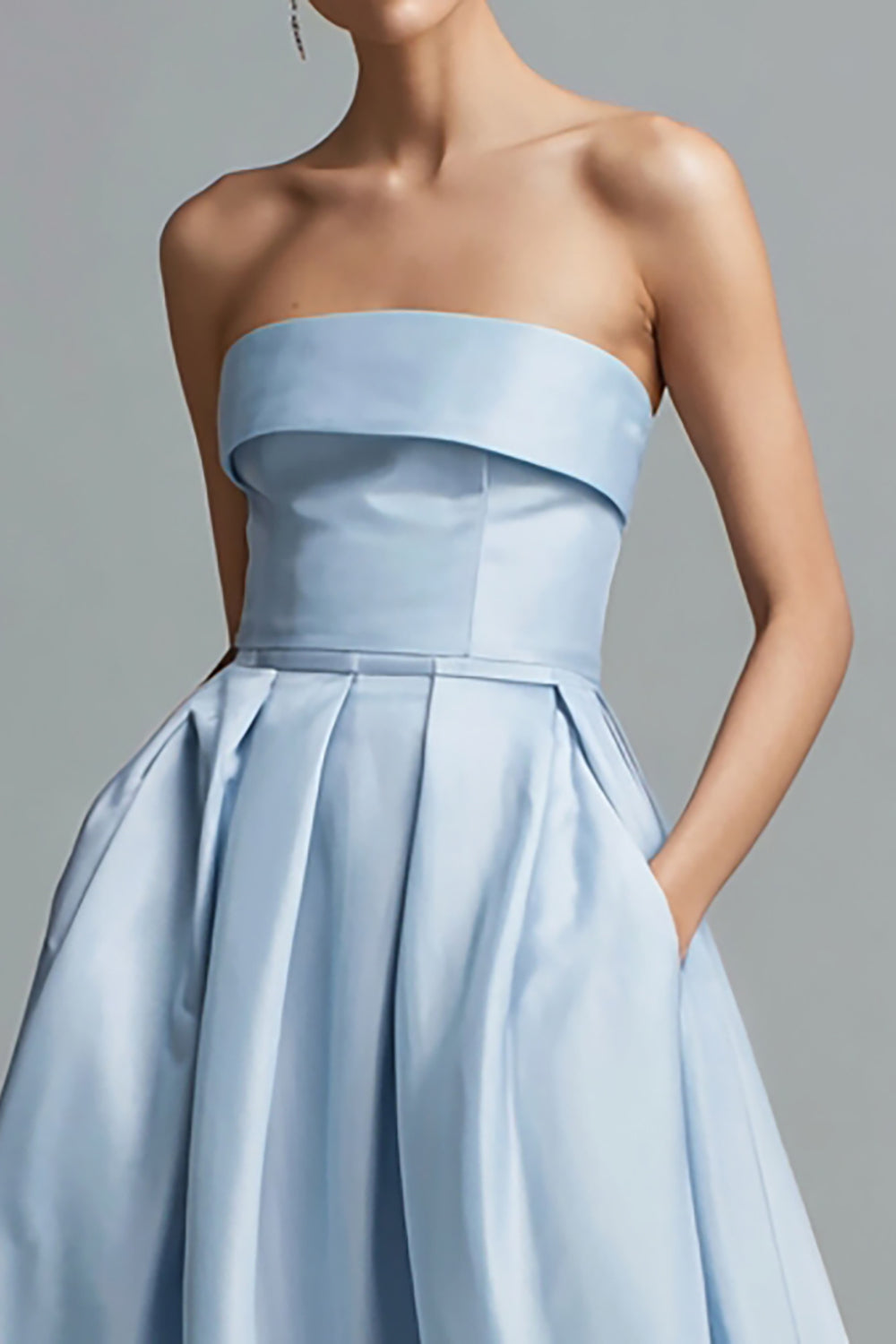 Sky Blue Strapless A Line Satin Long Formal Dress with Pockets