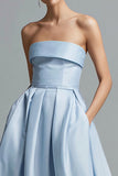 Sky Blue Strapless A Line Satin Long Formal Dress with Pockets