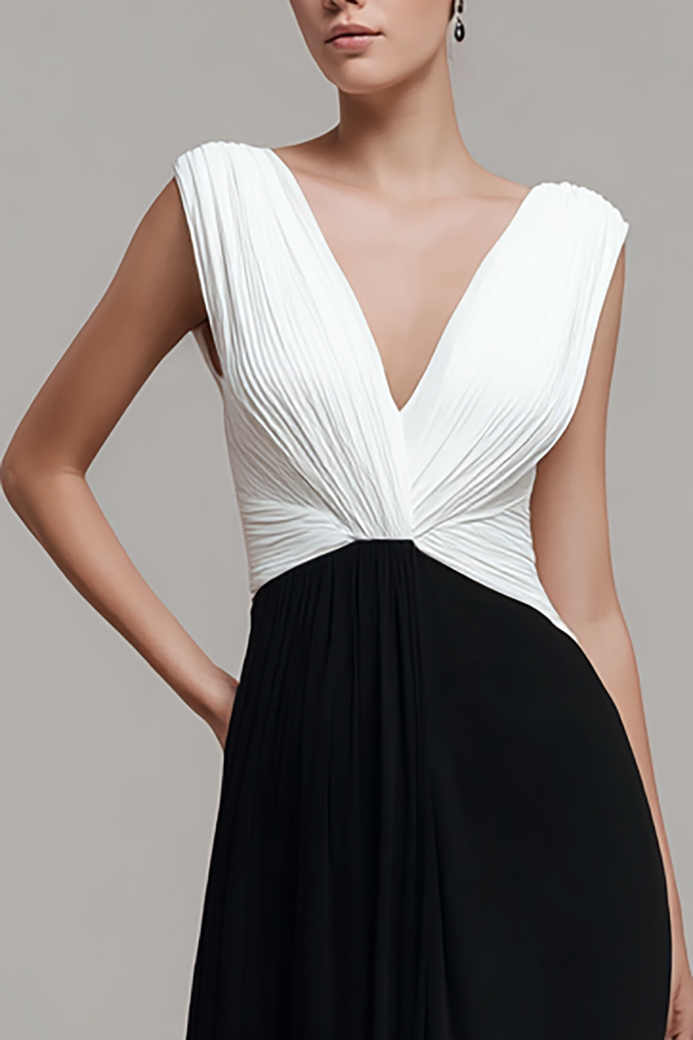 Black White Sheath V Neck Chiffon Pleated Long Formal Dress