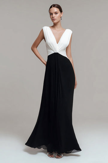 Black White Sheath V Neck Chiffon Pleated Long Formal Dress