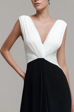 Black White Sheath V Neck Chiffon Pleated Long Formal Dress