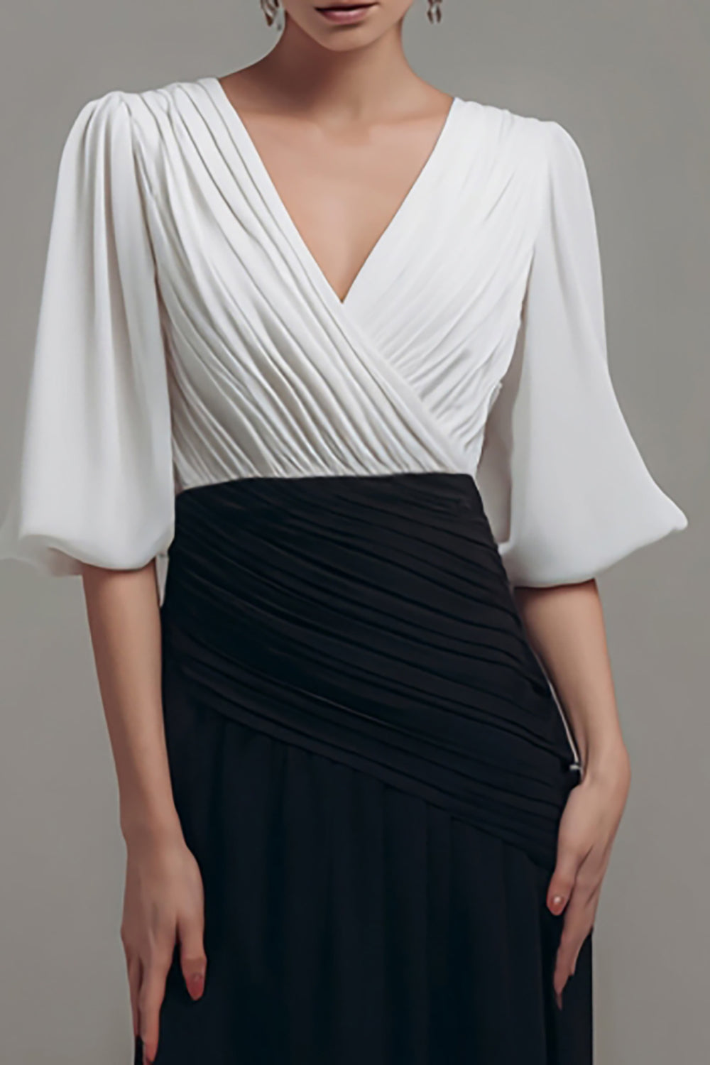 Black White Pleated V Neck A Line Long Formal Dress with Sleeves