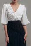 Black White Pleated V Neck A Line Long Formal Dress with Sleeves