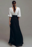 Black White Pleated V Neck A Line Long Formal Dress with Sleeves