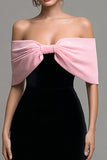 Black Pink Off the Shoulder Sheath Long Formal Dress with Bow
