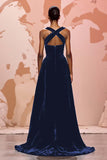 Simple Black Velvet Long Formal Dress with Keyhole