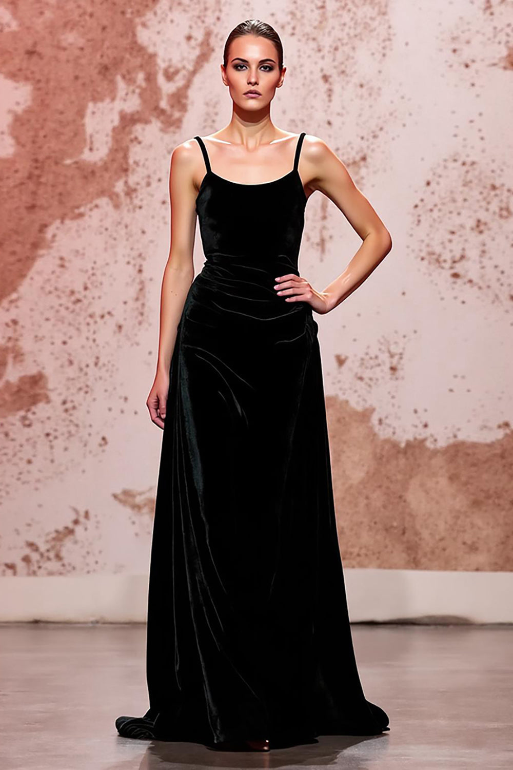 Simple Black Velvet Spaghetti Straps Long Formal Dress
