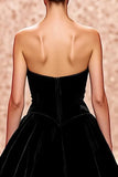 Simple Velvet Black Strapless A Line Long Formal Dress