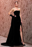 Simple Black Velvet Long Strapless Formal Dress with Slit