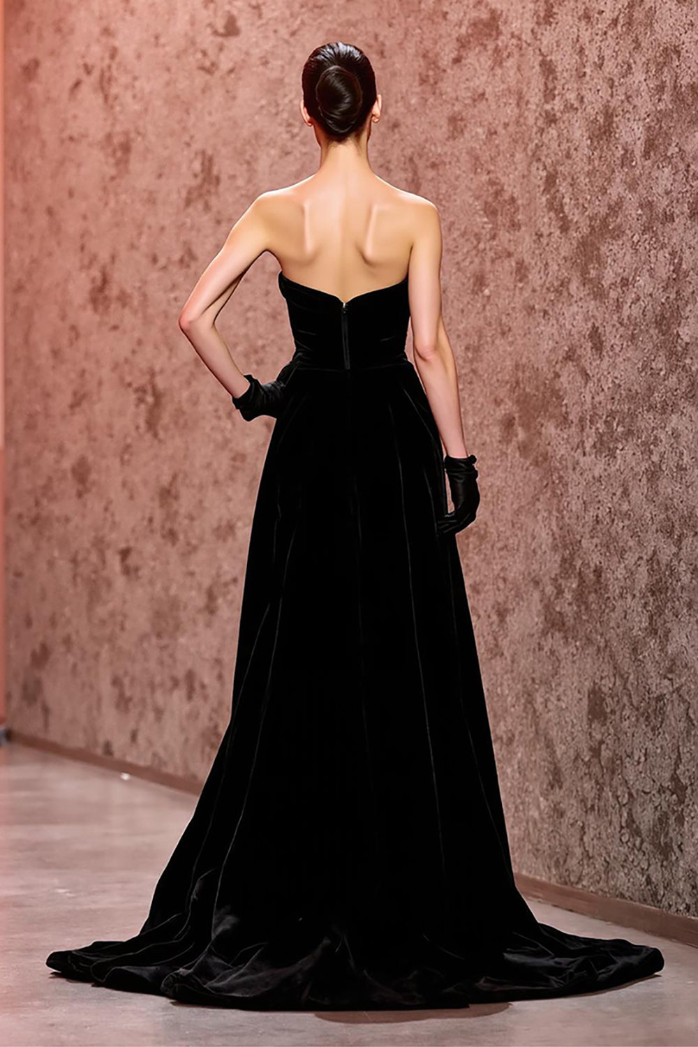 Simple Black Velvet Long Strapless Formal Dress with Slit