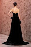Simple Black Velvet Long Strapless Formal Dress with Slit