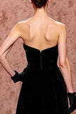 Simple Black Velvet Long Strapless Formal Dress with Slit