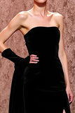Simple Black Velvet Long Strapless Formal Dress with Slit