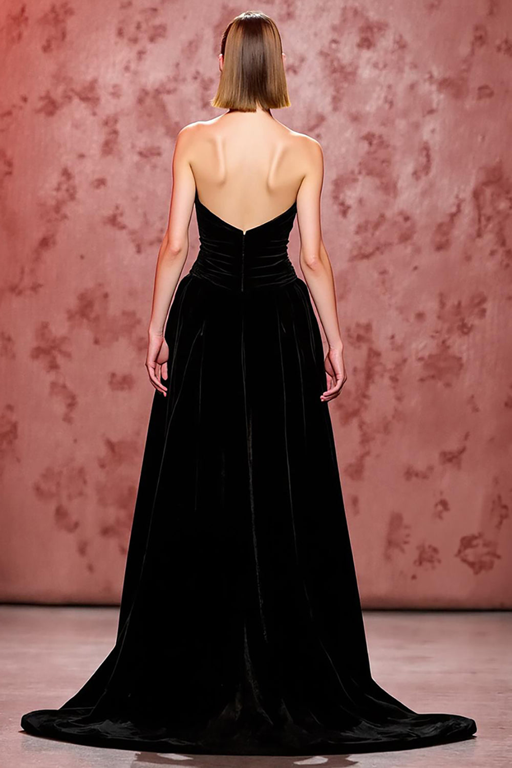 Velvet Simple Black Long Strapless Formal Dress with Slit