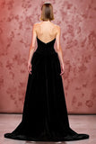 Velvet Simple Black Long Strapless Formal Dress with Slit