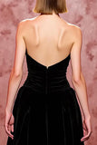 Velvet Simple Black Long Strapless Formal Dress with Slit