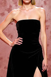 Velvet Simple Black Long Strapless Formal Dress with Slit