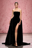 Black A Line Velvet Strapless Long Formal Dress with Slit