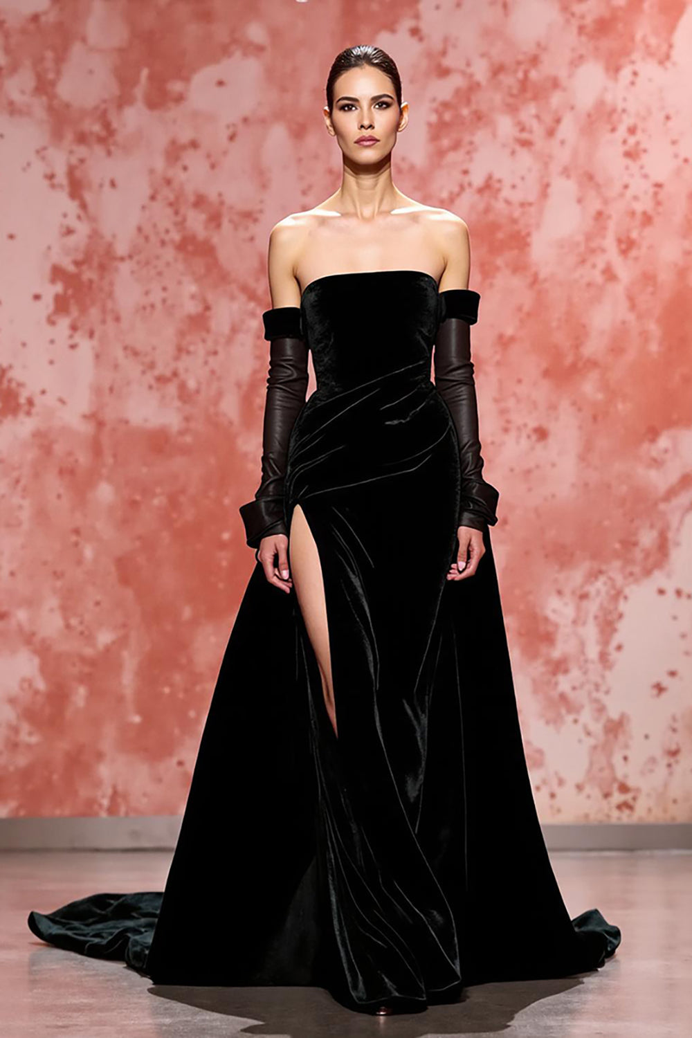 Black Velvet A Line Strapless Long Formal Dress with Slit