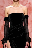 Black Velvet A Line Strapless Long Formal Dress with Slit