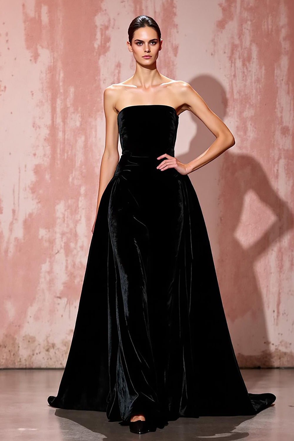 Black Strapless A Line Velvet Long Formal Dress