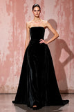 Black Strapless A Line Velvet Long Formal Dress